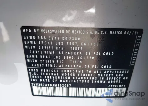 2018 Volkswagen Tiguan 2.0T Se/2.0T Sel из США, поврежденный, VIN 3VV3B7AX6JM152067